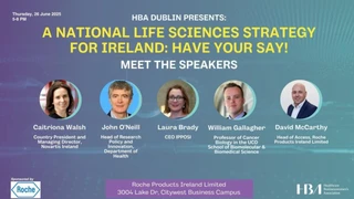 HBA Dublin event poster titled "A National Life Sciences Strategy for Ireland: Have Your Say!" featuring five speaker headshots against a blue background.