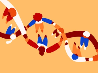 Abstract illustration of diverse people holding hands, forming a DNA double helix on an orange background, symbolizing unity and diversity.
