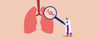 Een gestileerde afbeelding van een wetenschapper die met een vergrootglas naar een DNA-streng in een paar longen kijkt, wat een genetische link met longaandoeningen suggereert.