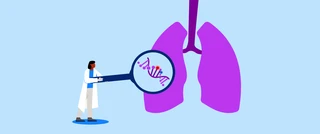 Een gestileerde afbeelding van een wetenschapper die met een vergrootglas naar een DNA-streng in een paar longen kijkt, wat een genetische link met longaandoeningen suggereert.