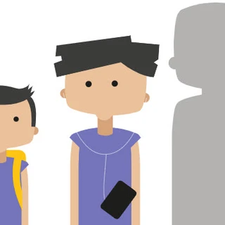 Illustratie van twee getekende personages en een silhouet