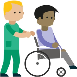 Illustratie van een zorgverlener die een persoon in een rolstoel duwt