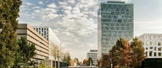 Wide street flanked by modern office buildings, trees with autumn foliage, and a clear sky with scattered clouds. Urban, professional atmosphere.