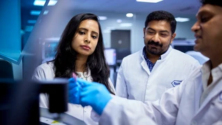 Scientist/technician collaborating over scientific equipment in a laboratory.